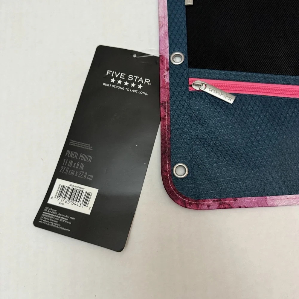 Mead Five Star 3 Compartment Zipper Pencil Pouch Case 3 Ring Pink Gray NWT